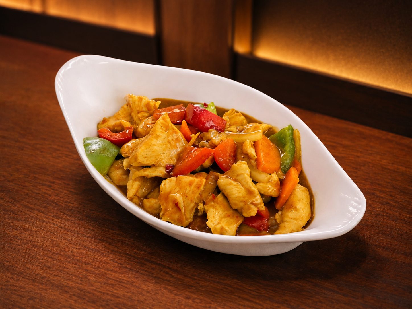 Chicken fillet in curry sauce with fresh vegetables
